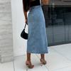 Женская джинсовая юбка с высокой талией, планкой на пуговицах, однотонная юбка миди с неровным разрезом, юбка длиной до середины икры