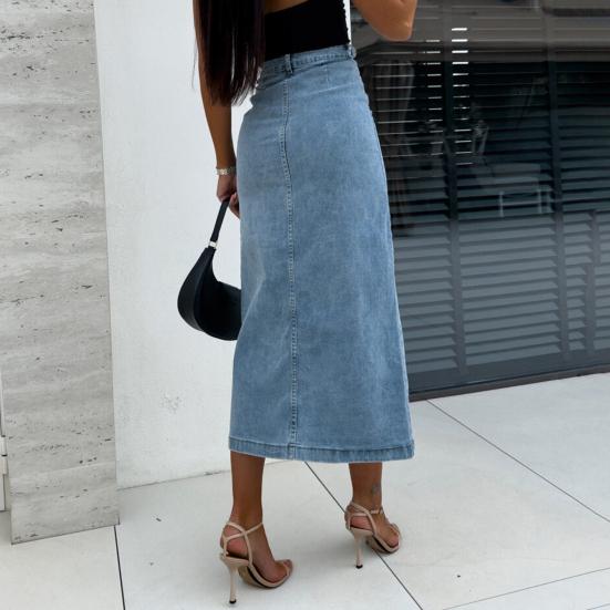 Женская джинсовая юбка с высокой талией, планкой на пуговицах, однотонная юбка миди с неровным разрезом, юбка длиной до середины икры