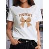 Women'S Bow "VIBE WAVE" Letter Print Short-sleeved Shirt Moderate Elasticity, Machine Washable, Crew Neck, Regular Fit, Summer 2026 New Style