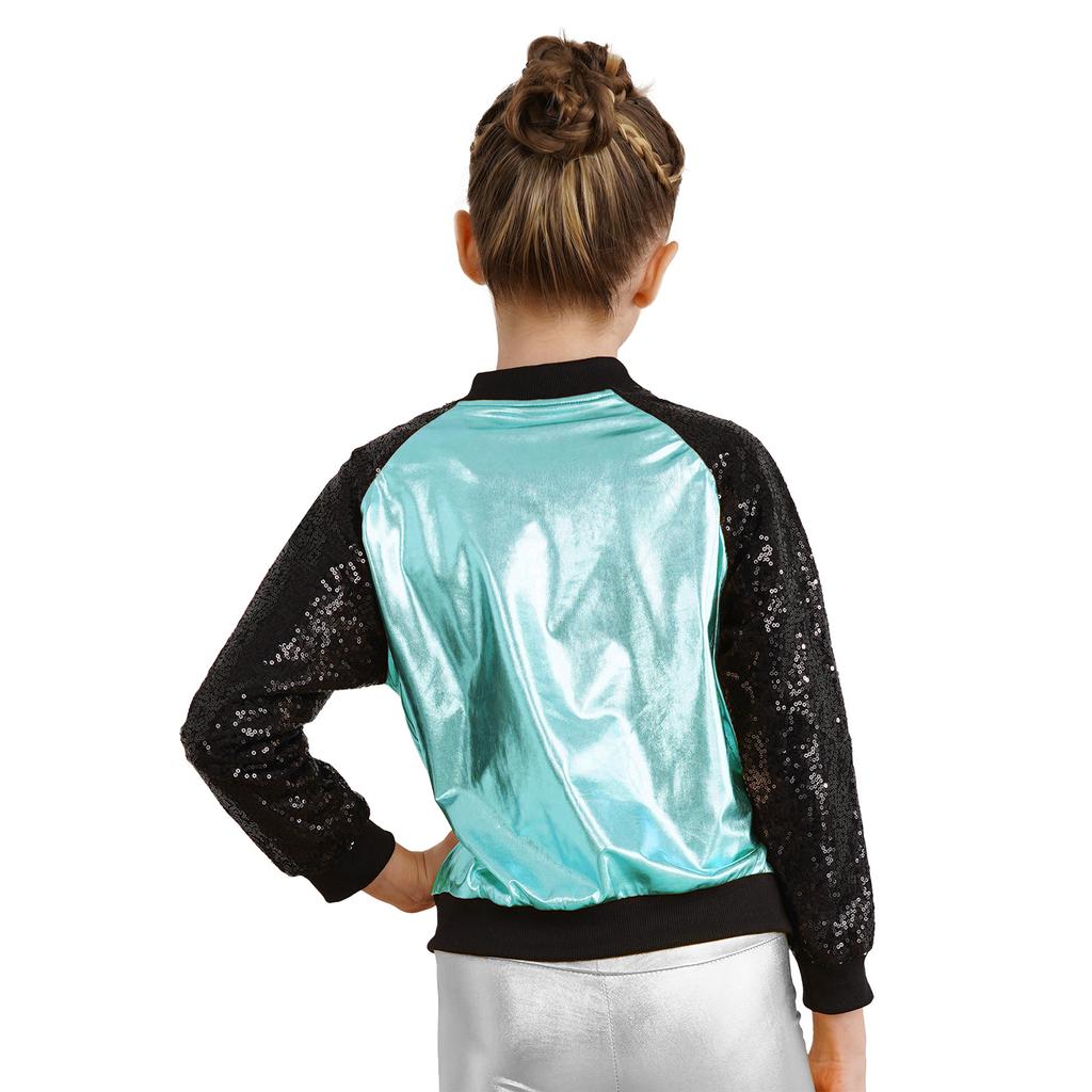 Девочки Блестящие Пайетки Бронзовая Ткань Куртка Воротник-стойка Пальто для Сценических Выступлений и Вечеринок