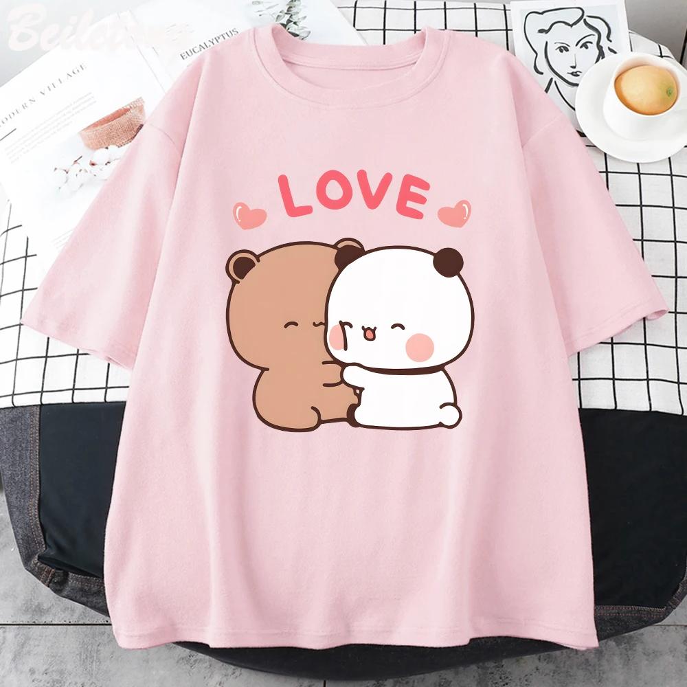 Panda Bear LOVE T Shirt Womens Bubu Dudu Couple Tops Short Sleeve Print Summer Aesthetic Korean Tees Harajuku Lady Casual Tops