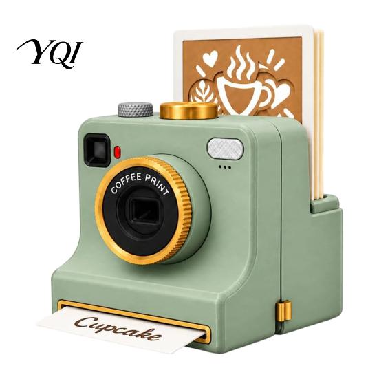 Coffee Decoration Accessories 3D Printed Latte Art Camera, Manual Powder Printer with Handheld Stencil Machine Template Cards, Cocoa Cinnamon