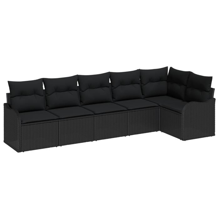Ensemble de canapé de jardin 6 pièces avec coussins noir poly rattan, Canapé de jardin 2 places avec rangement et coussins 3354392