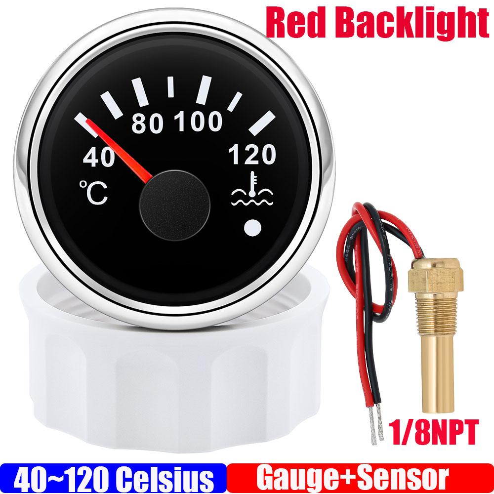 40~120℃ 52mm Water Temperature Gauge+Sensor with Flash Alarm Waterproof Red Light Water Temp Meter for Car Boat 12V 24V