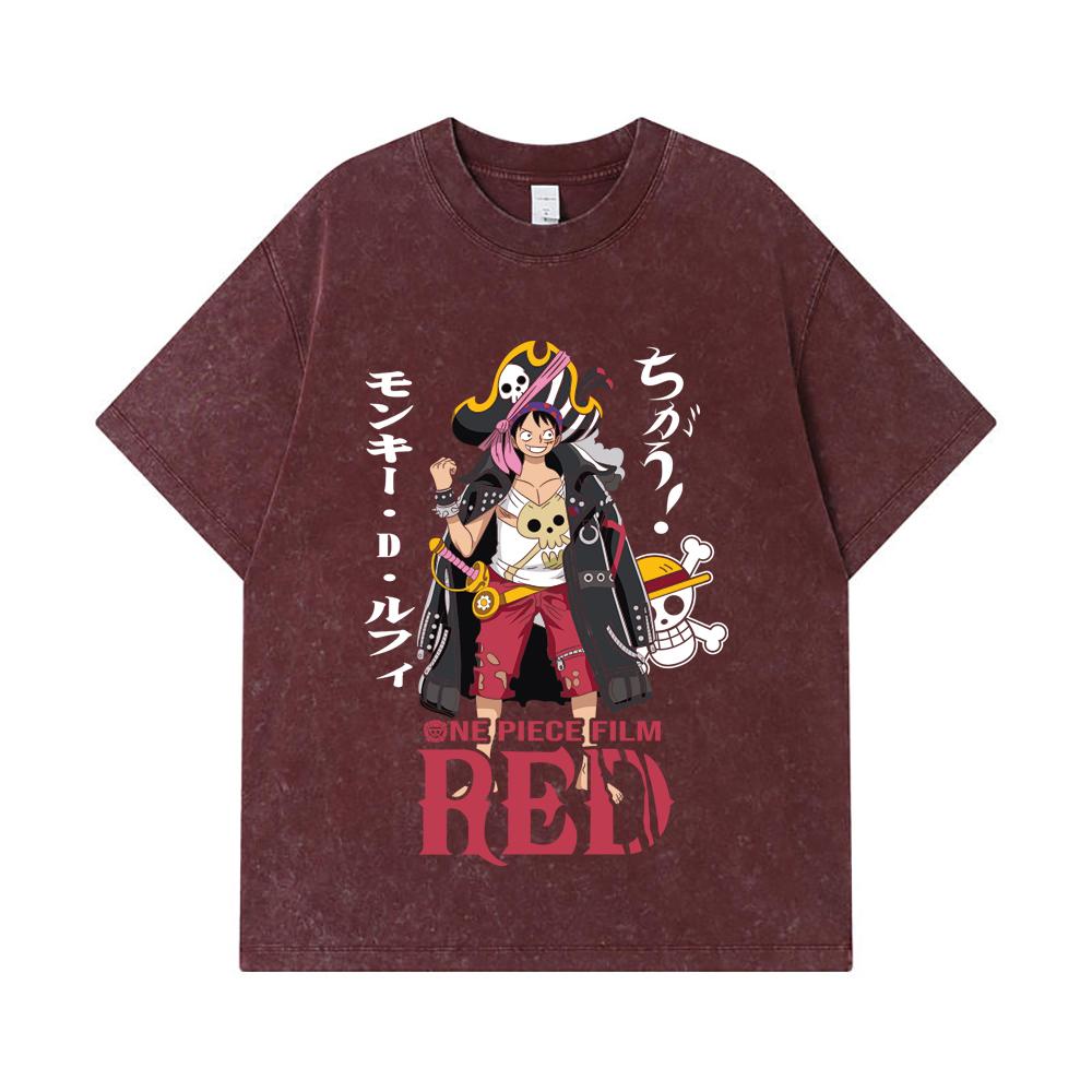 Стиранные футболки 275 г/м² 100% Хлопок One Piece V79 Принт Луффи Film Red Унисекс Тяжелая хлопковая футболка