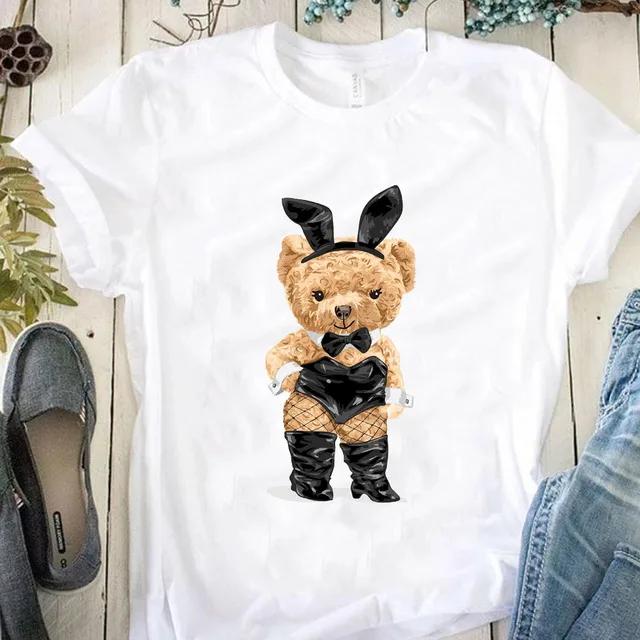 Teddy Bear Playing Badminton Tshirt Exercise Clothing Short Sleeve Tops Graphics Kawaii Unisex Women Short Sleeve Printed Shirt Top