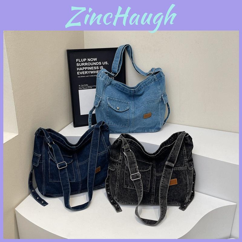 Vintage Inspired Denim Shoulder Bag With Zipper Closure For Women Fashion