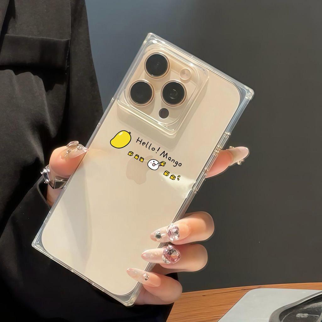 Clear Square Back Tube Case Protection For iPhone 12 13 15 Plus 14 Pro Max 11 16 ProMax Hello, Mangoes Pattern