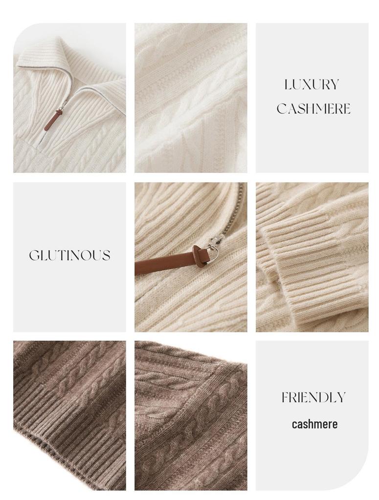 Little He Women's Half-Open Lapel Cashmere Sweater, Cable Knit, Seven-Gauge Thickened Wool, Simple Winter Wear
