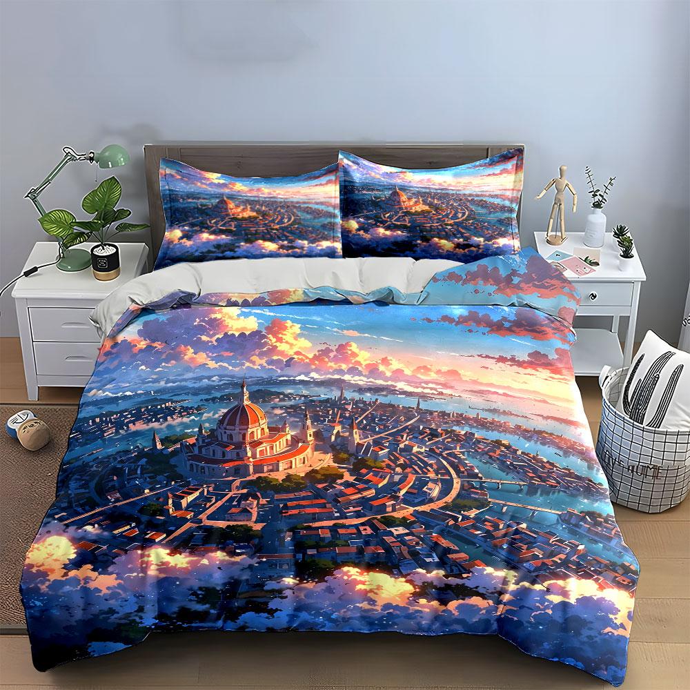 Cityscape Sunset Art Prints Set Bedding Set with 1 Duvet Cover 2 Pillowcases Single Double King Queen, Gift