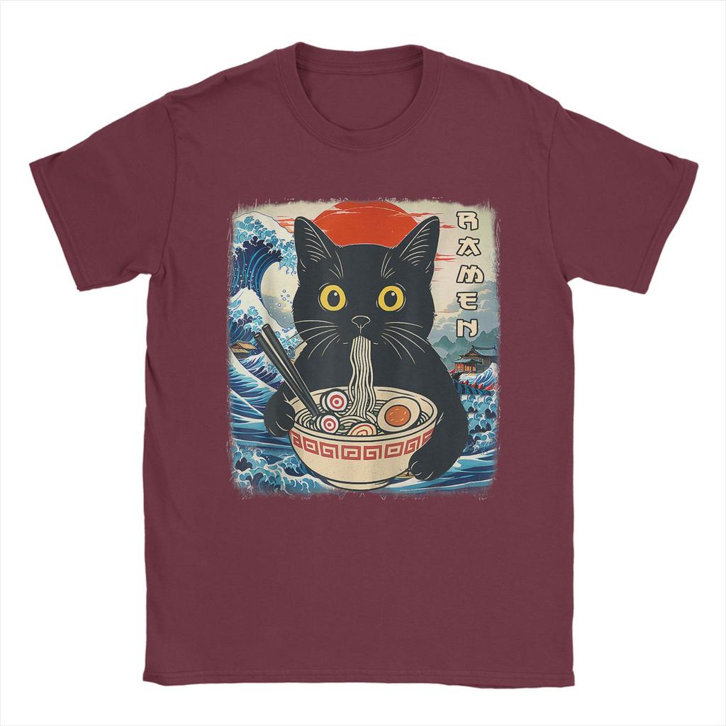 Funny Japanese Black Cat Ramen T-Shirt Men Crew Neck 100% Cotton T Shirts Kawaii Noodle Cat Short Sleeve Tees Birthday Gift Tops