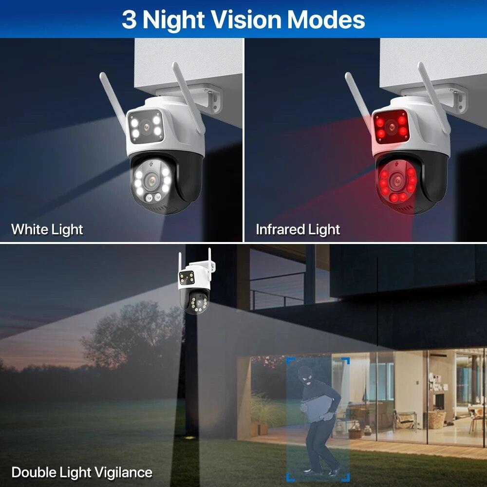 2024 Новая уличная камера наблюдения PTZ 8MP 4K Wi-Fi с двумя объективами Водонепроницаемая камера видеонаблюдения с замкнутым контуром AI Автоматическая камера слежения ICsee APP