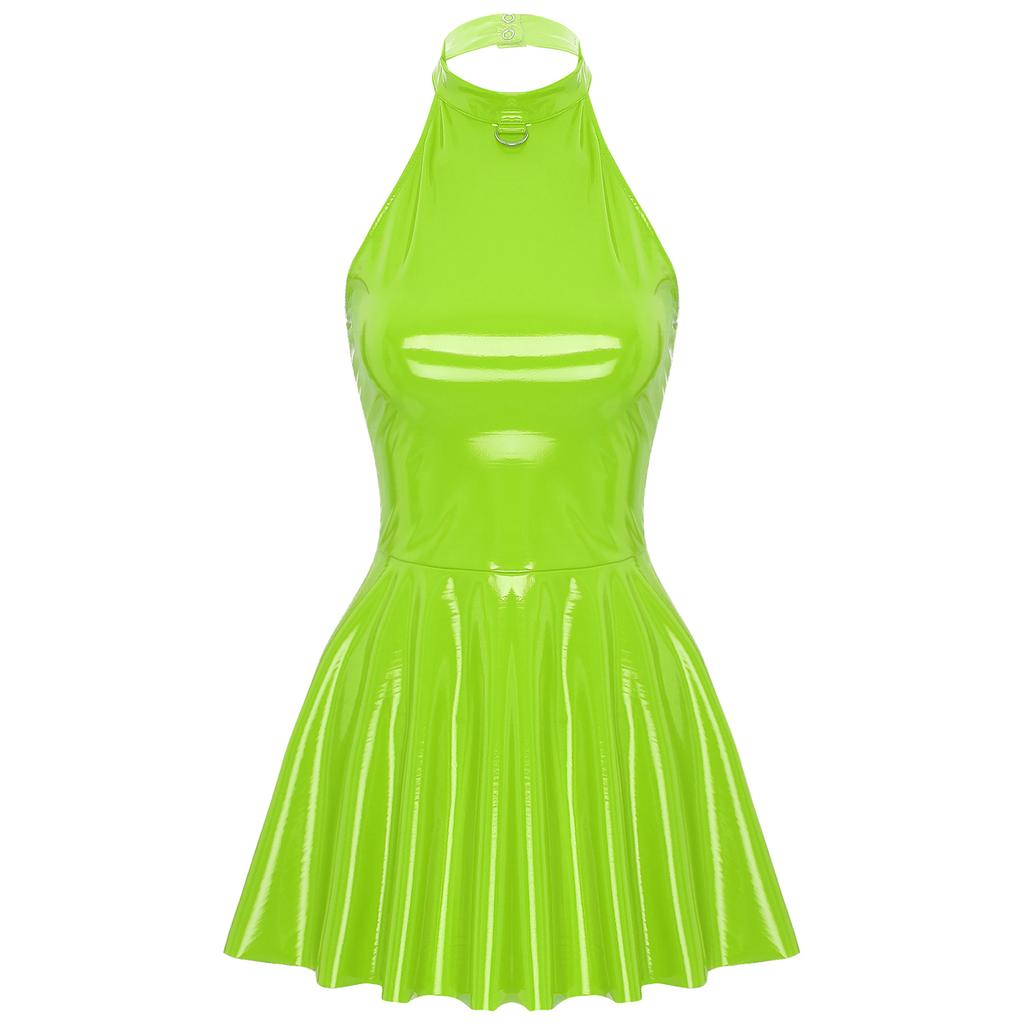 Женское латексное платье-свинг из юбки в стиле диско, глянцевая лакированная кожа, клубная одежда, халтер, без рукавов, мини-платье для скейтбординга, клубная одежда для рейв-вечеринок