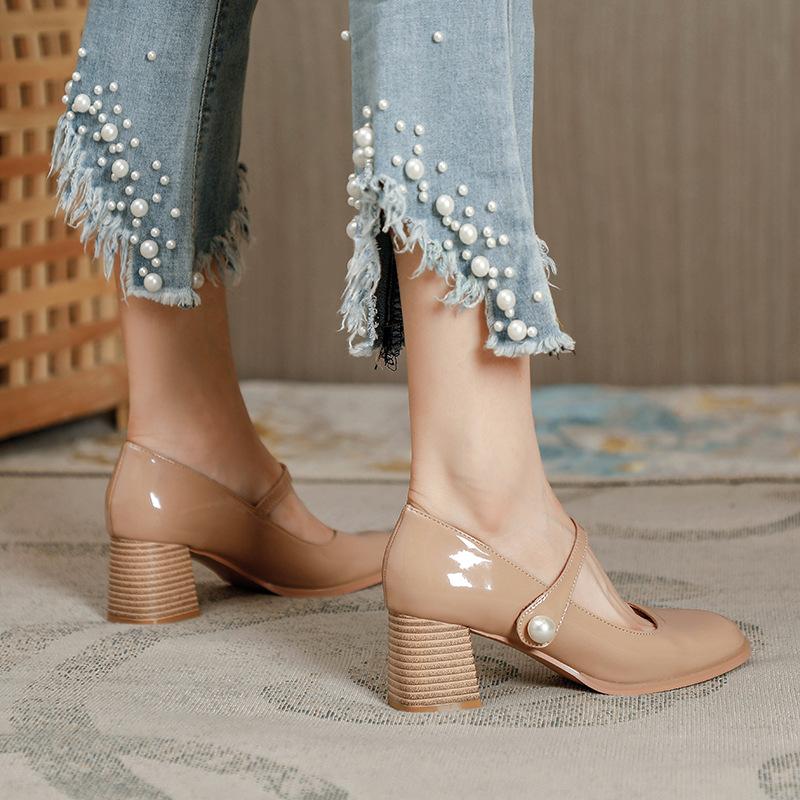 Французские туфли на толстом каблуке для женщин Новые французские туфли на среднем каблуке для женщин Ретро-стиль колледжа для женщин Одиночные туфли Zapatos De Mujer