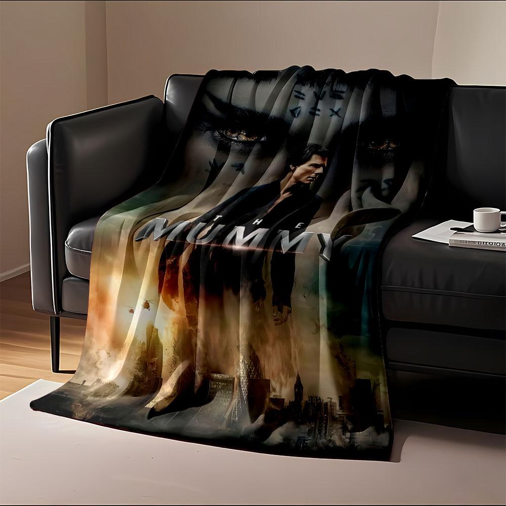 A towering figure with glowing eyes and symbols over a chaotic cityscape. for all seasons blanket lunch break throw gift