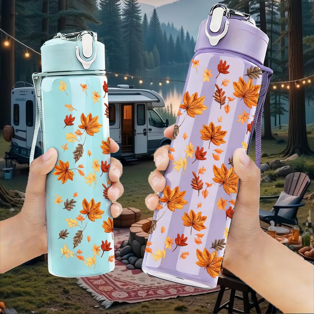 1PC Autumn Dry Fall Leaf Scatter Print 750ml Color Plastic Sports Water Bottle Leakproof Flip Straw Lid Suitable for Sports Office Home Use