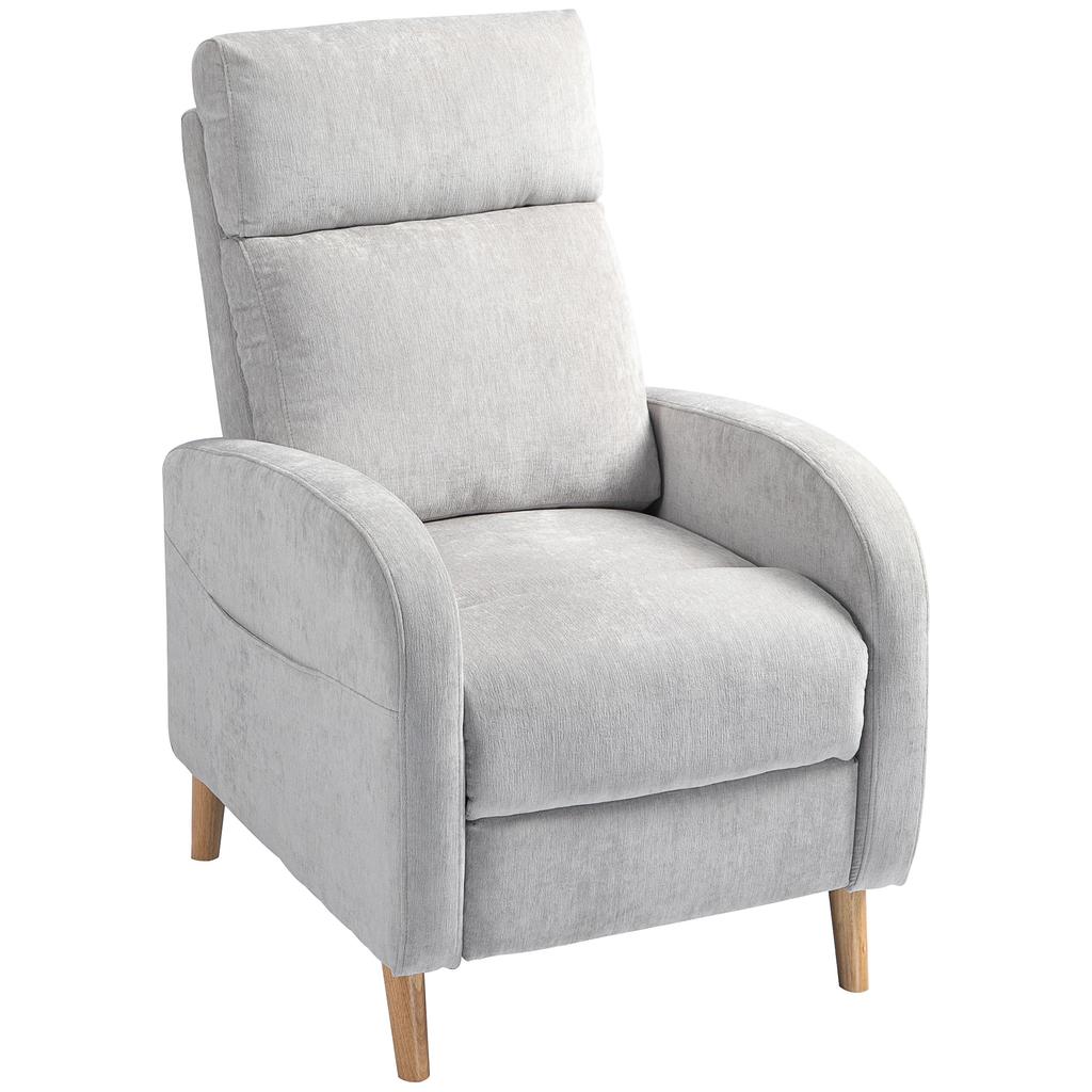 Reclining Relax Armchair Upholstered in Synthetic Linen with Footrest and Side Pocket Load 135 kg Light Gray
