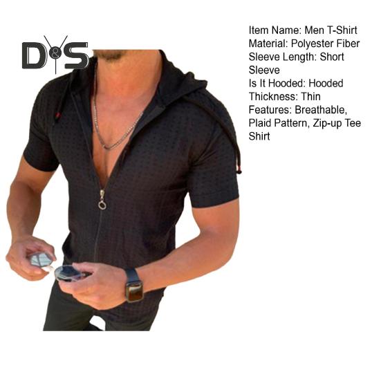 Мужская футболка с капюшоном, короткими рукавами, клетчатая футболка на молнии, повседневный тонкий летний топ для спорта, отдыха на природе, пляжа