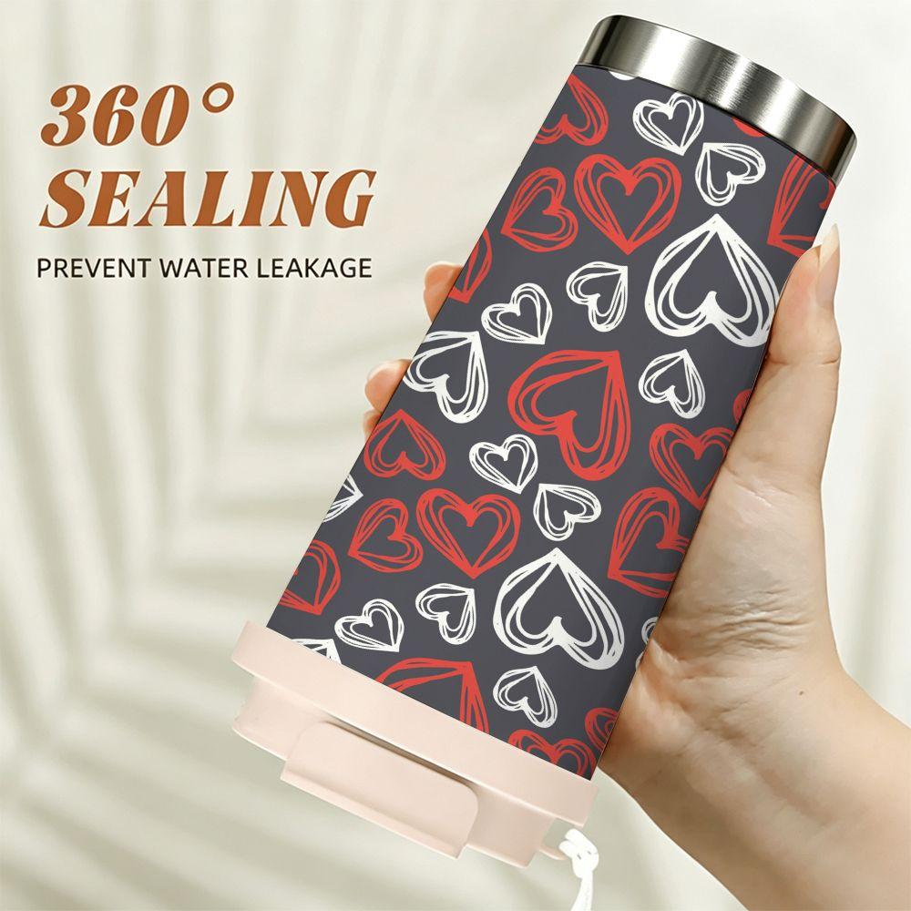 Cute Hand-Drawn Heart Pattern Insulated Coffee Tumbler Double Walled Vacuum Stainless Steel Travel Mug Gift for Her Birthday Wedding Anniversary