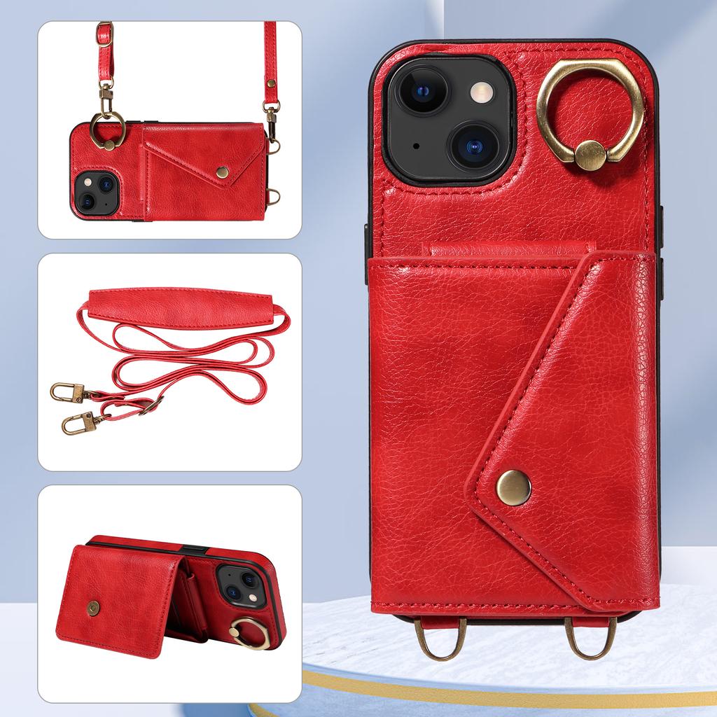 Для iPhone 15 серии. Для iPhone 15, 15 Plus, 15 Pro, 15 Pro Max плечевой ремень веревка кольцо кронштейн дизайн держатель для карт слоты личи узор чехол для телефона