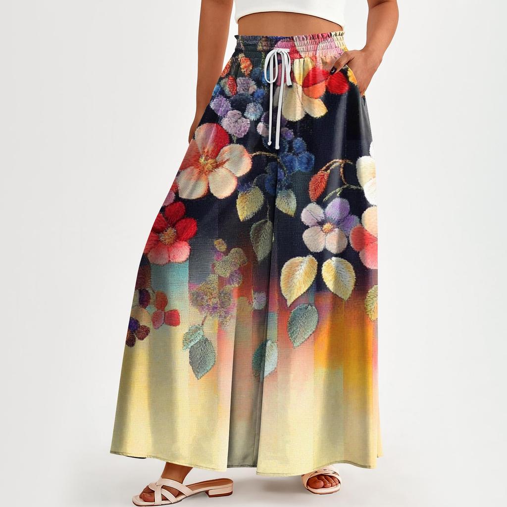 Women's Pocket High-waisted Wide-leg Pants Floral Print Casual Pants