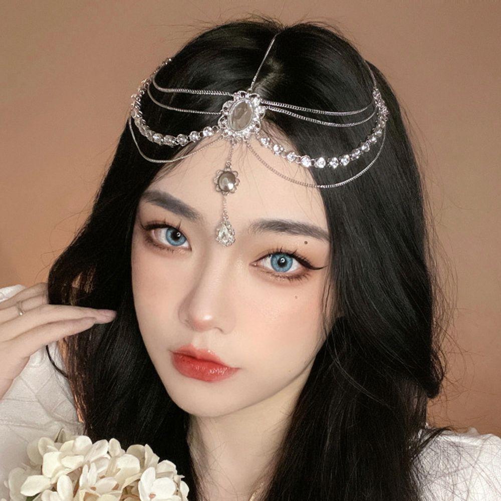 Bohemian Crystal Bridal Headband Rhinestone Headwear Tassel Hair Chain Forehead Pendant Headdress