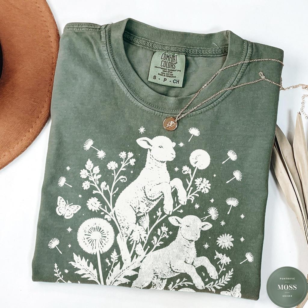 Comfort Colors® Lamb Dandelion Field Shirt, Cottagecore Animal Lover Tee, Whimsical Farm Life Tshirt, Nature Gift For Her, Earthy Shirt