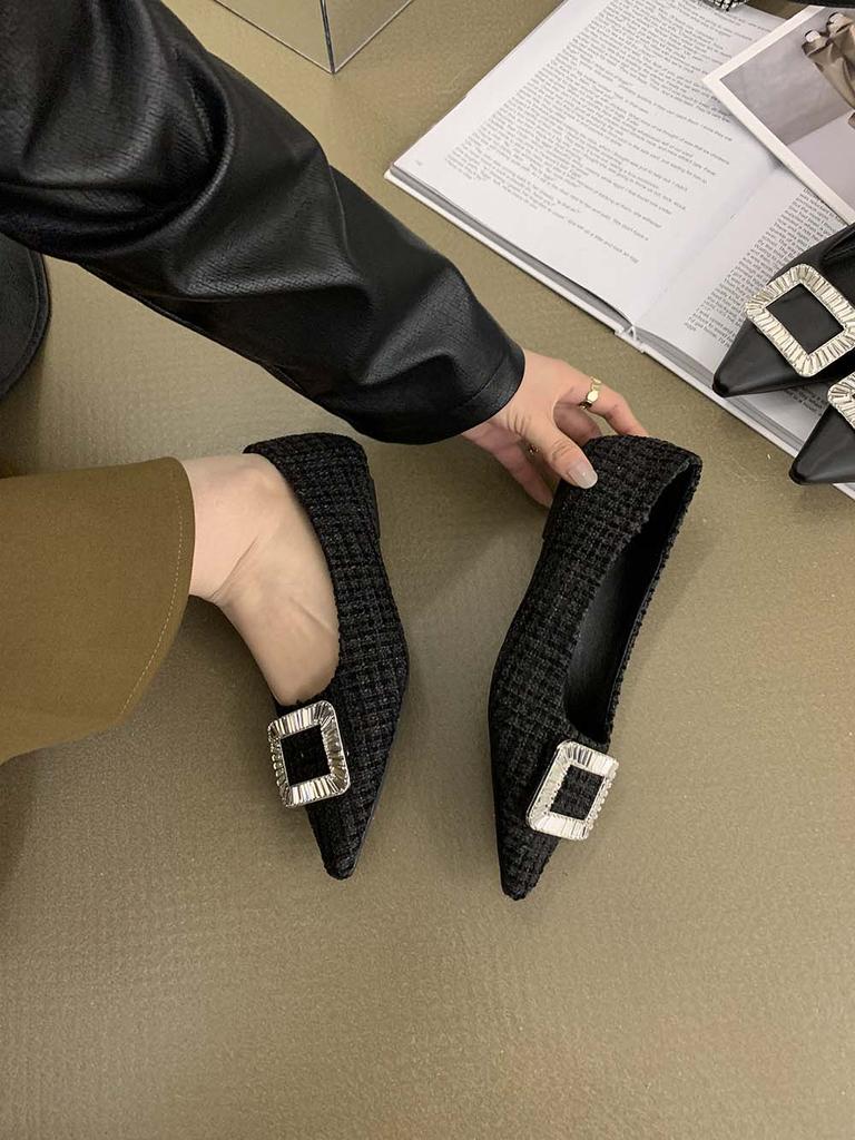 Fashion Casual Women Slides Flat Loafers 2024 New Arrivals Black Rhinestone Buckle 2024 New Arrivals Shallow Slip On Dress Shoes Woman