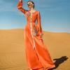 Muslim Women's Orange Handmade Rhinestone Long Dress with Belt Robe Ramadan