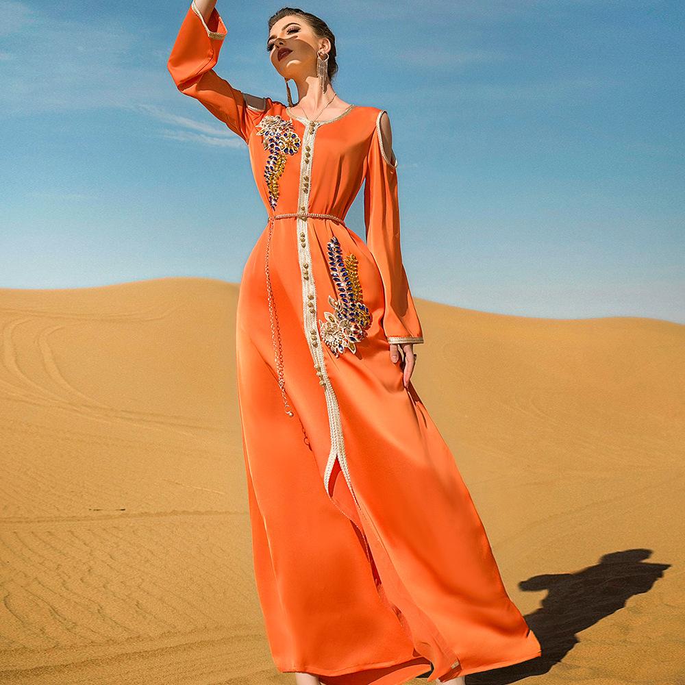 Muslim Women's Orange Handmade Rhinestone Long Dress with Belt Robe Ramadan
