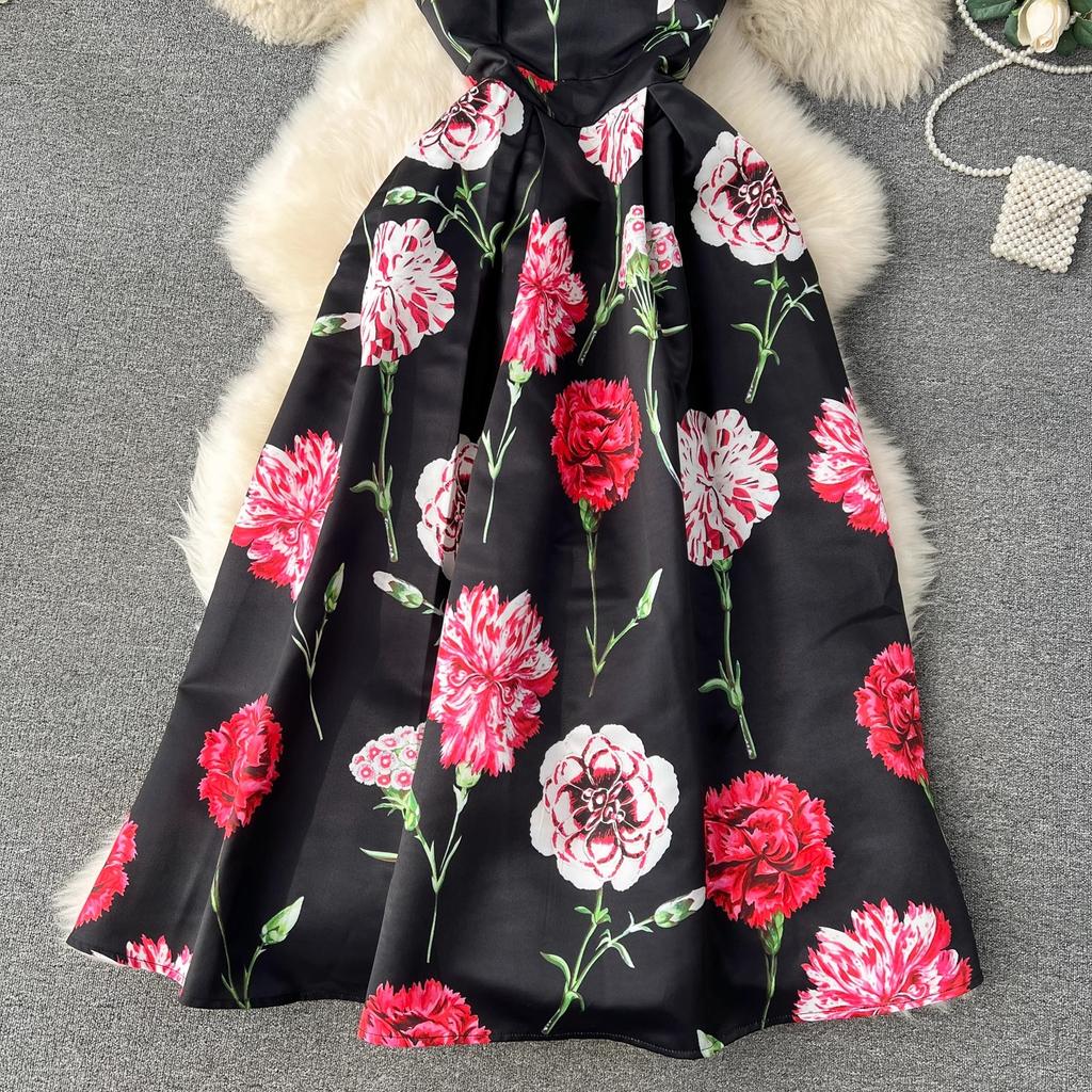 Summer Fashion Flower Vest Midi Dress Women's Sleeveless O-Neck Tank Floral Print Slim A Line Ball GownWomen Dresses