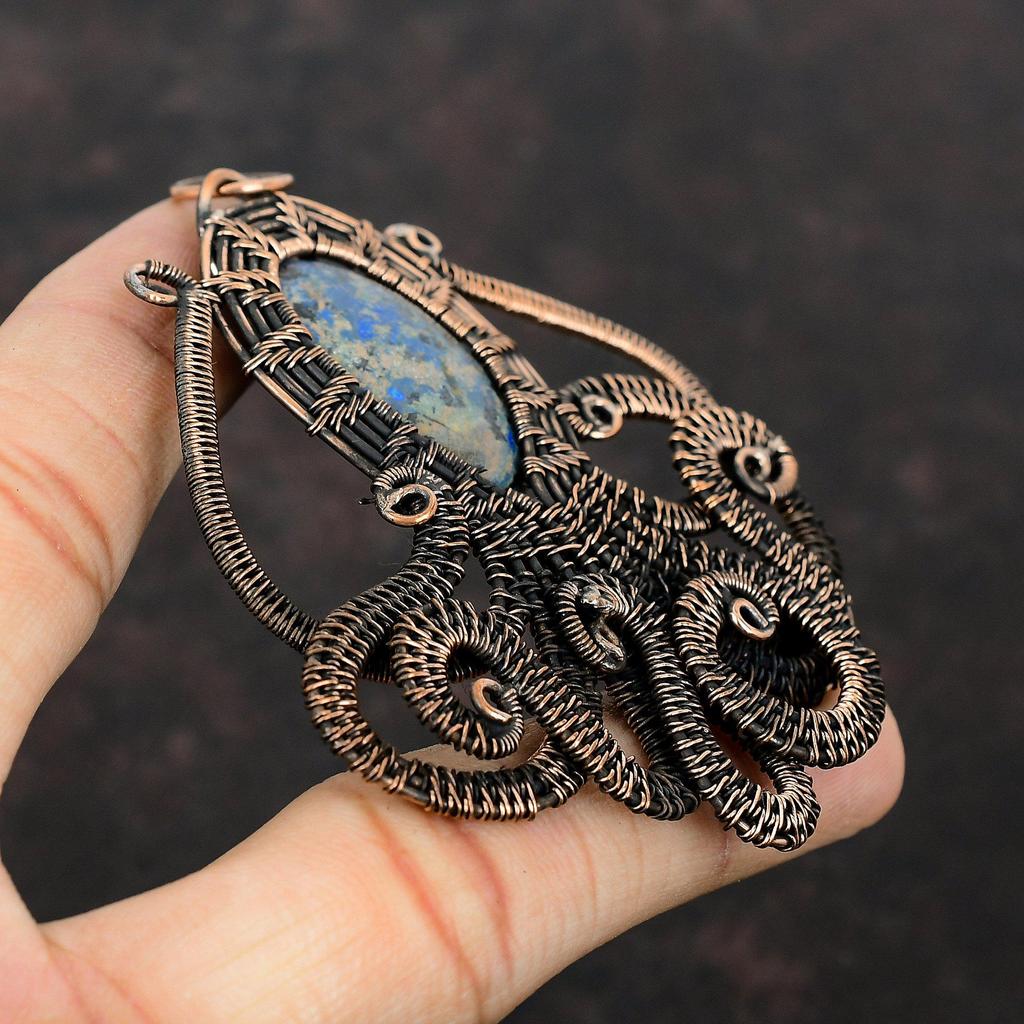 Azurite Malachite Pendant Copper Wire Wrapped Pendant Gemstone Handmade Pendant Copper Wire Wrap Jewelry Decent Octopus Pendant Gift For Him