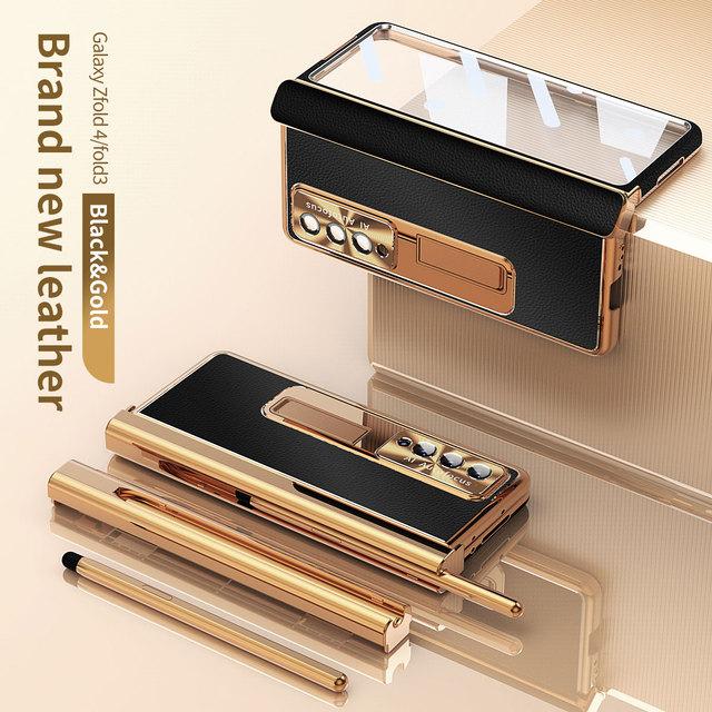 Магнитный кожаный чехол с покрытием S Pen для Samsung Galaxy Z Fold 4 5G Kickstand 360, полноэкранный защитный чехол для телефона Z Fold 3