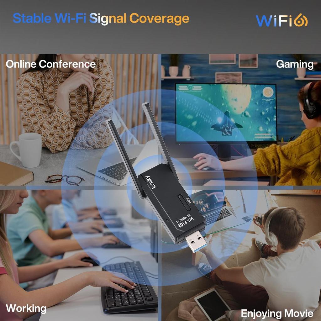 Беспроводной USB Wi-Fi адаптер Kosky WiFi 6 двухдиапазонный 1800 Мбит/с 802.11ax USB3.0 Увеличьте скорость интернета до 600 Мбит/с Беспроводной USB Wi-Fi адаптер