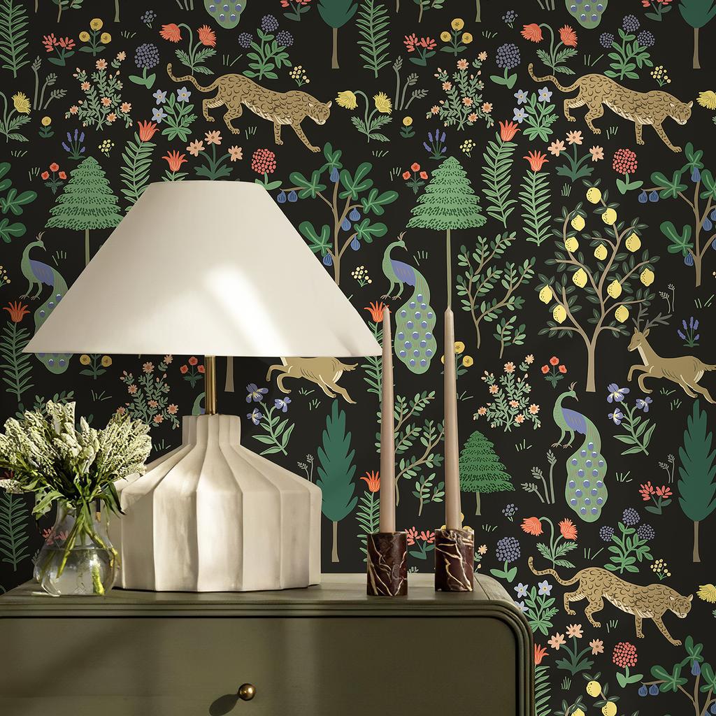 Ретро Цветочный Животный Черный Обои Лесной Стиль Леопард Цветок Самоклеящаяся Комната Декор Винтаж Темный Шик ПВХ Наклейка на Шкаф