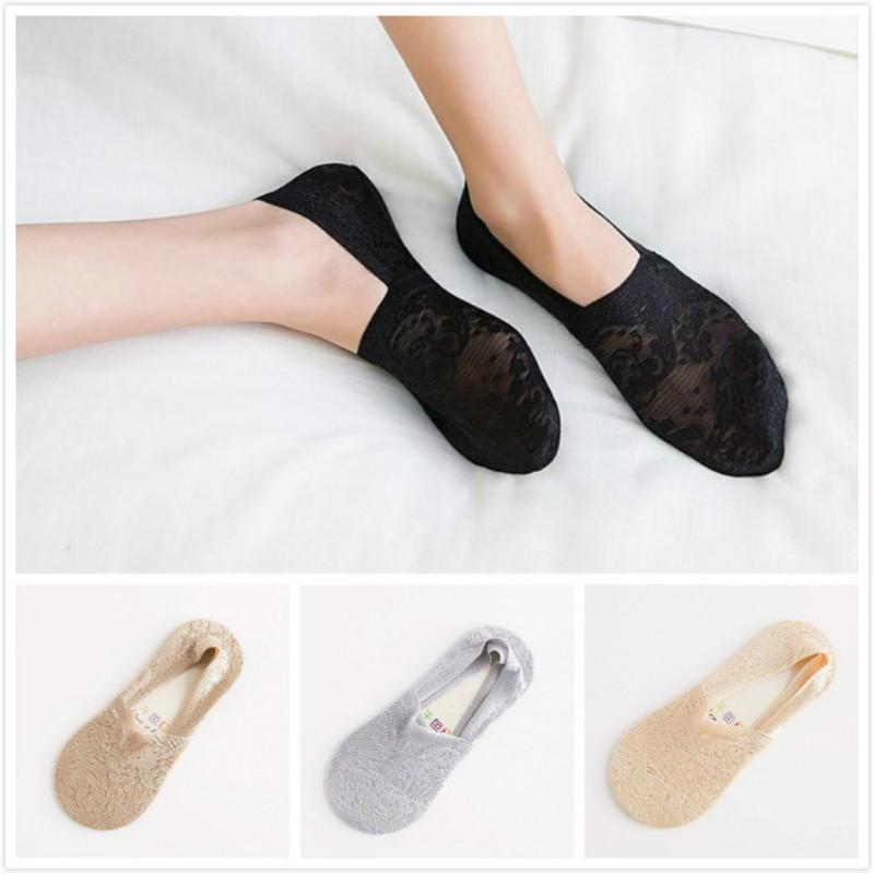 Женские весенне-летние хлопковые кружевные противоскользящие носки с невидимой подкладкой и низким вырезом