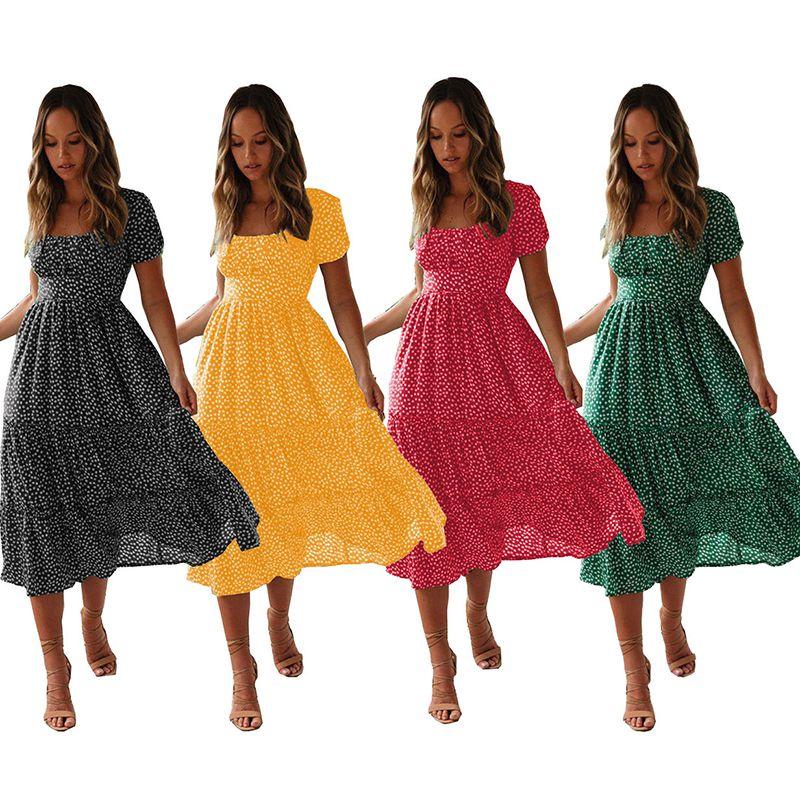 Элегантное женское платье макси в горошек в стиле бохо с оборками и квадратным вырезом для пляжа