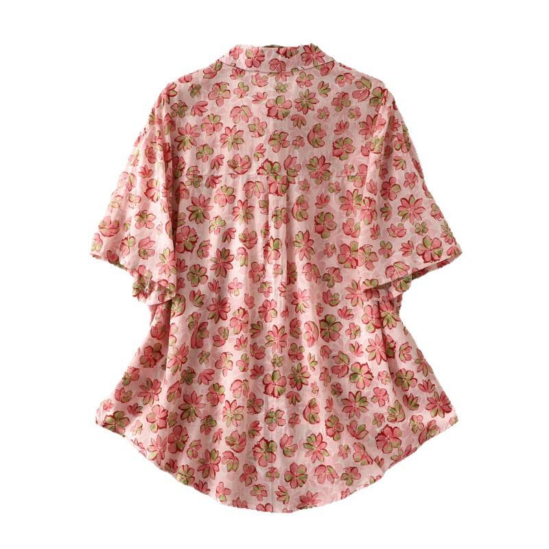 Retro printed short-sleeved cotton large-size shirt casual Hong Kong style loose shirt trendy summer 1116 new women