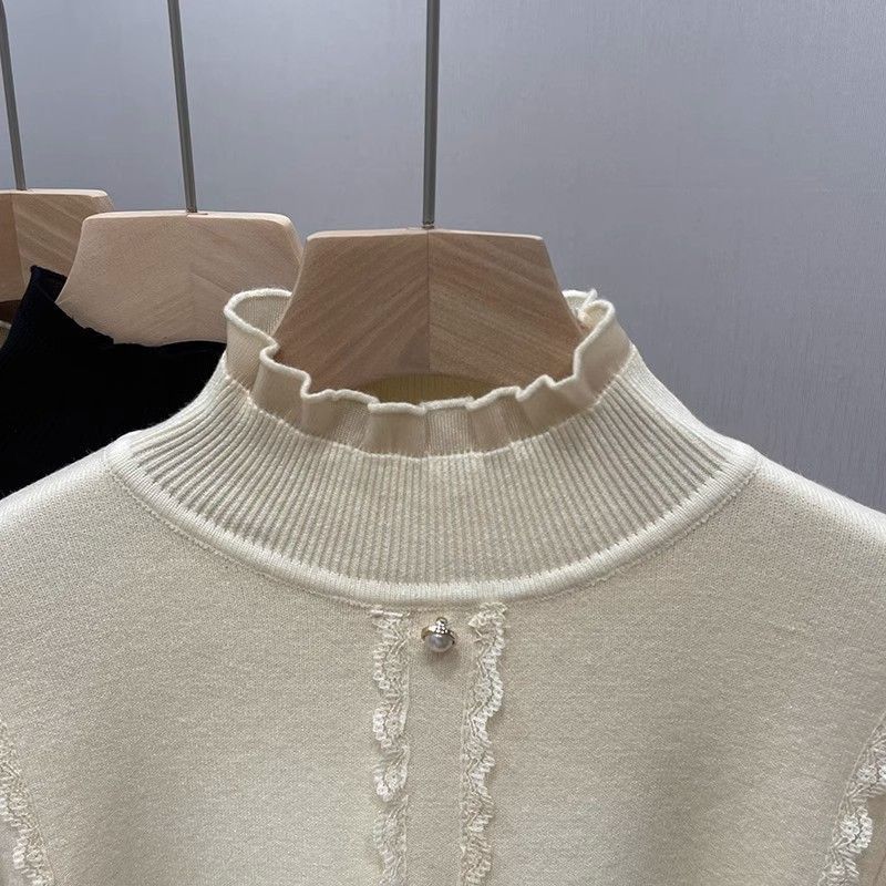 Женский полувысокий бархатный свитер осень-зима кружевной утолщенный трикотажный пуловер модный длинный рукав джемпер трикотажные топы