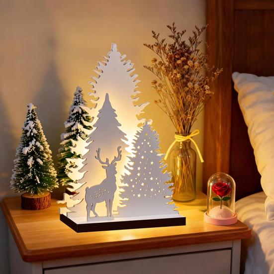 Деревянные рождественские украшения Винтажная елка, Настольное центральное украшение со светодиодной подсветкой, Экологически чистые украшения Зимний олень Рождественский настольный