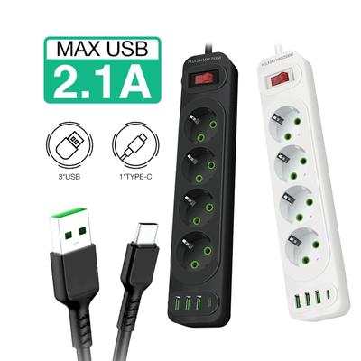 Удлинитель с вилкой ЕС, 4 розетки переменного тока, удлинитель с 4 портами USB, шнур 2 м, электрическая розетка, быстрая зарядка, сетевой фильтр 2500 Вт