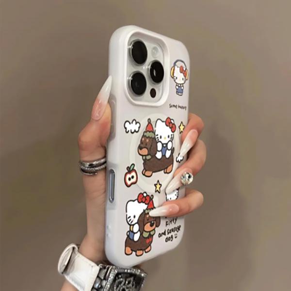 Магнитный чехол Hello Kitty и Собака для iPhone 17 Pro Max, 16, 15 Pro, 14 - Милый мультяшный дизайн