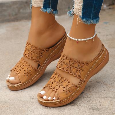 Большой размер плоские шлепанцы с открытым носком и цветочным принтом женская повседневная обувь ретро шлепанцы для среднего возраста в наличии