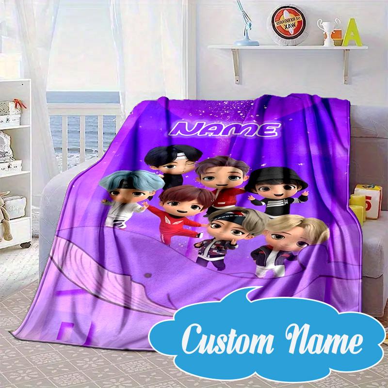 Custom Name K-pop BTS Artwork Characters Blanket bed sofa Blanket Flannel Blanket for Camping, Hiking, Picnic Essentials,gift for Fan family