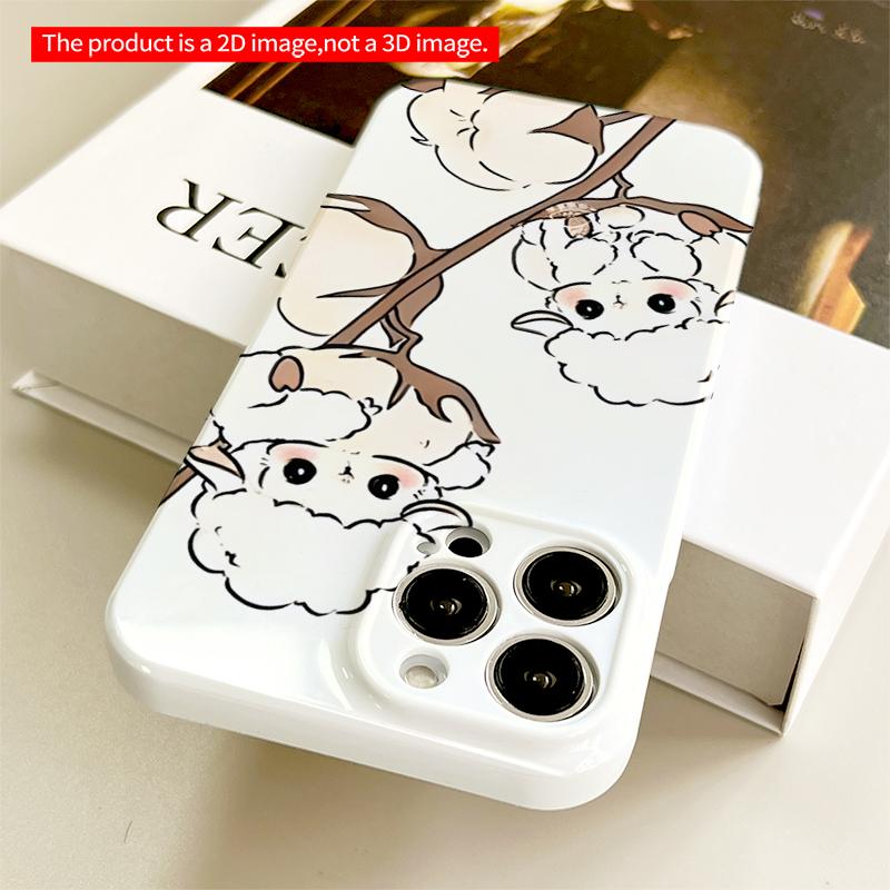 2DFlat Cotton Sheep on Branch Phone Case All inclusive film hard iPhone case, compatible with iPhone 18 Pro Max 17 16 15 14 13 12 11
