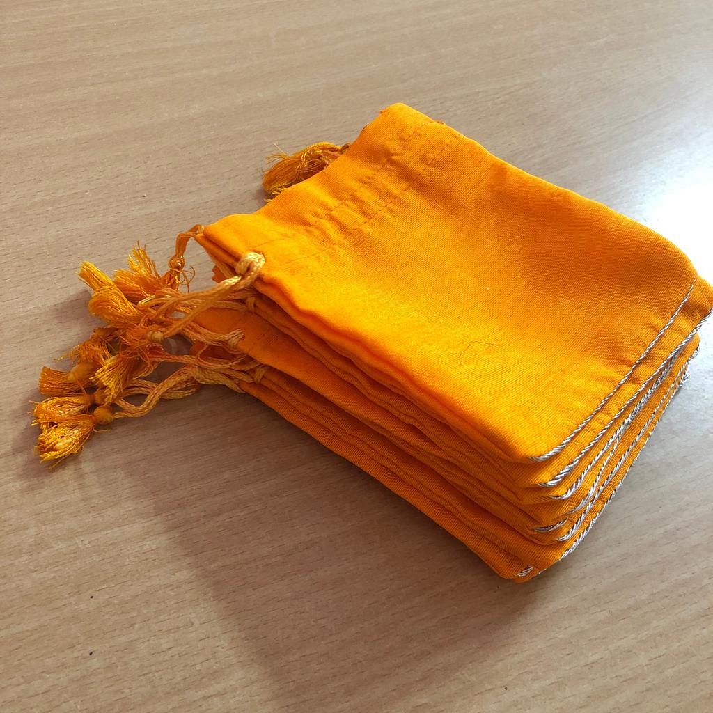 10 Pc 10x11 cm Raw Silk Jewelry Pouch Bag with Tassle drawstring Zari Border, Wedding Favor Party Favour, Gift Bag Jewellery ORANGE