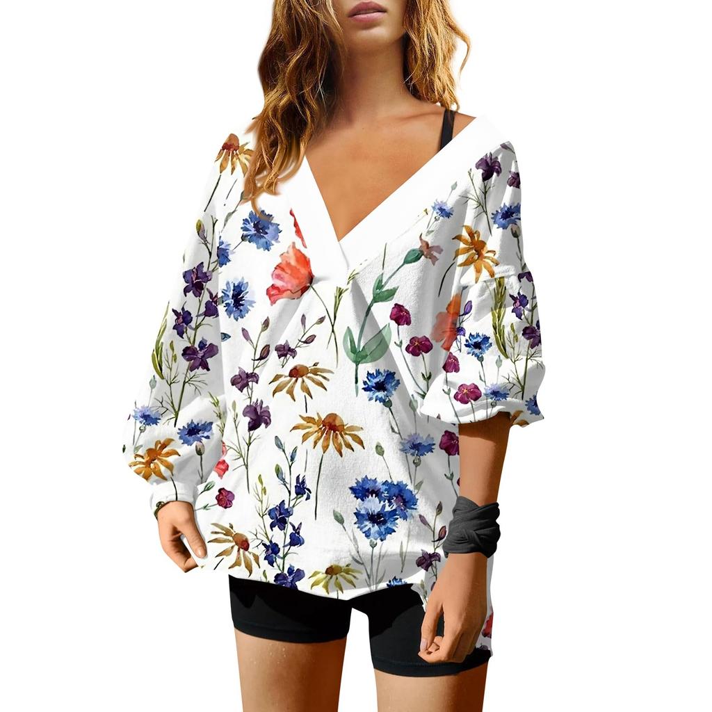 Женская мода V-образный вырез длинный рукав принтованный свободный пуловер свитшот топ