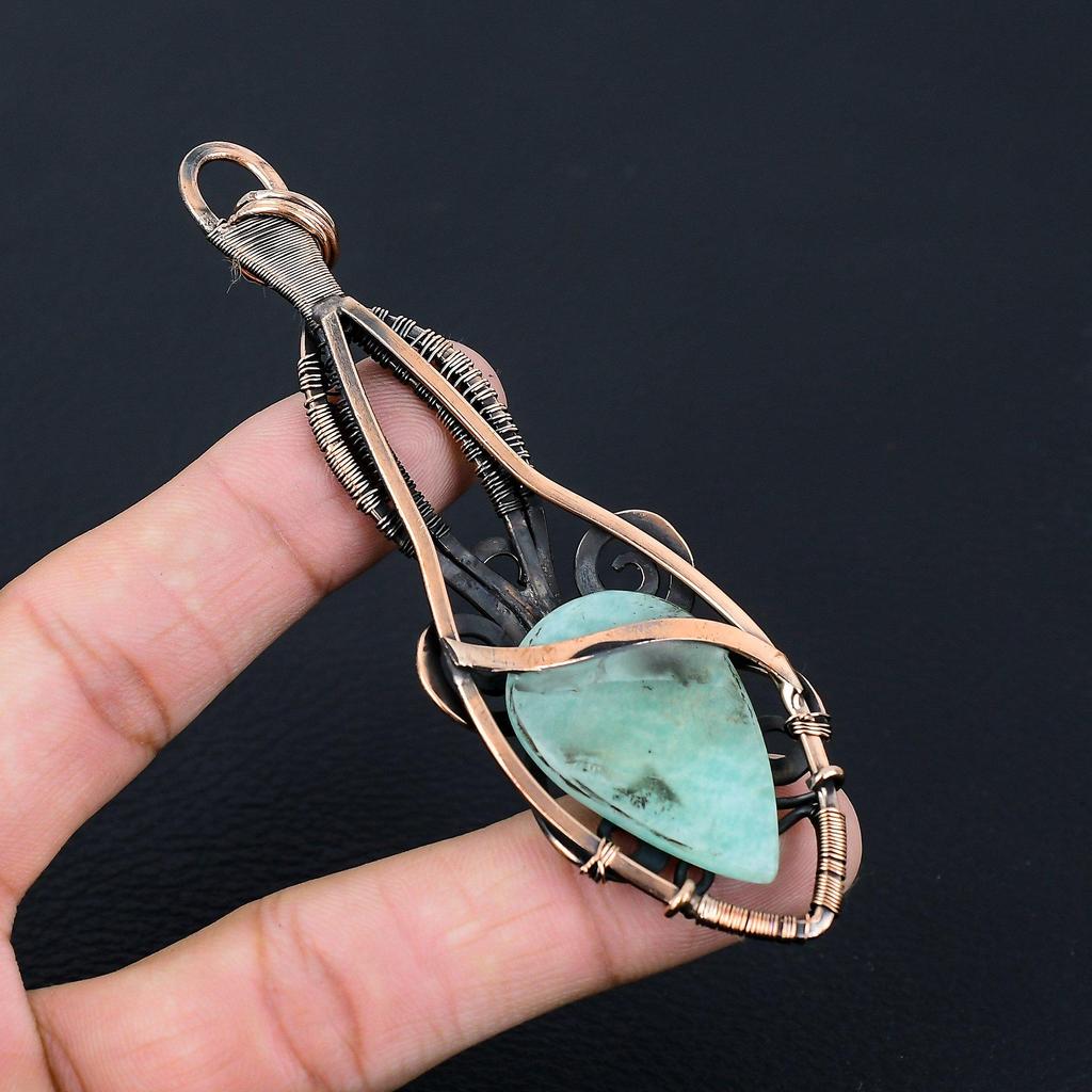 Амазонитовый драгоценный камень, чистая медная проволока, обернутая подвеской ручной работы, ювелирное изделие для нее