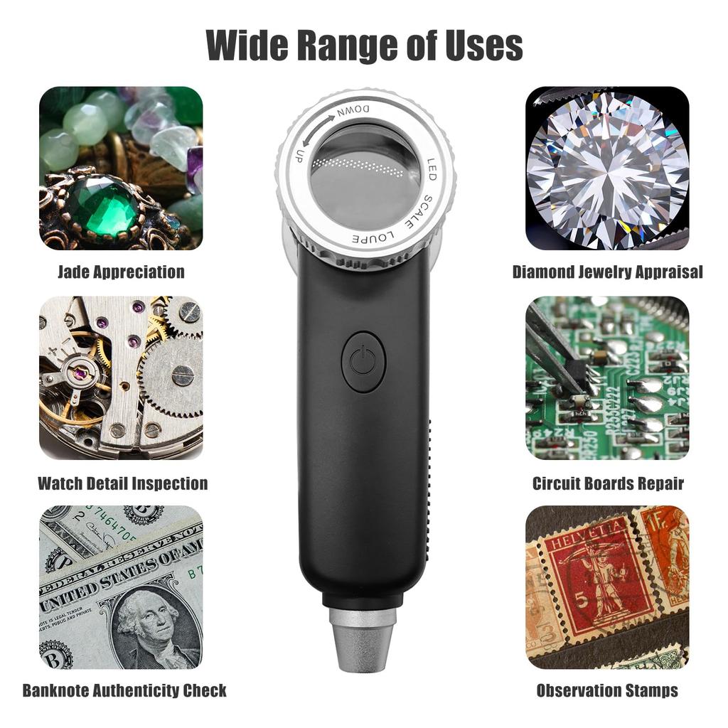 30X Rechargeable Magnifying Glasses LED UV Handheld Illuminated Magnifier with Blade Jewelers Loupe for Gem Jade Jewelry Repair