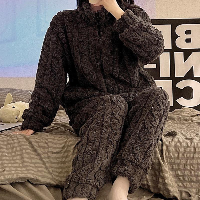 Женский фланелевый пижамный комплект на молнии — высокий воротник, плотный теплый флисовый костюм кораллового цвета для осени и зимы.